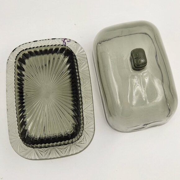 Vtg Smoky Quartz Glass Oversized Butter Cheese Dish Covered Lid Cut Design - Picture 4 of 9